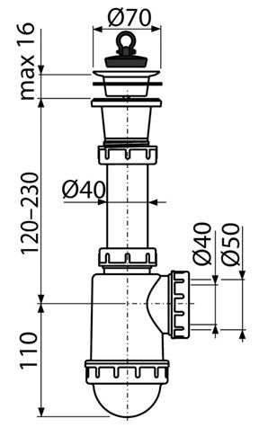 CONCEPT dřezový sifon DN40/50, s výpustí PT100442 Technický nákres