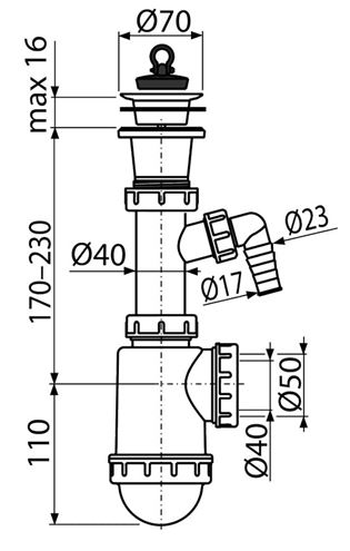 CONCEPT dřezový sifon DN40/50, s přípojkou a výpustí PT100442P Technický nákres