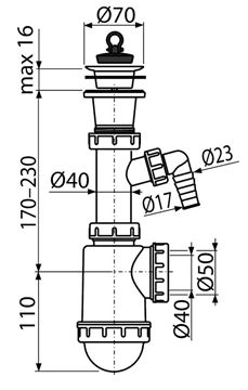 CONCEPT dřezový sifon DN40/50, s přípojkou a výpustí PT100442P Technický nákres