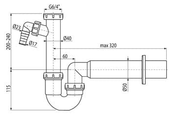 CONCEPT dřezový sifon DN50, s přípojkou a převlečnou maticí 6/4 PT1008150 Technický nákres