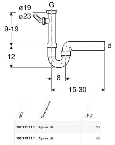 GEBERIT dřezový sifon DN40, s přípojkou a převlečnou maticí 6/4 152.713.11.1 Technický nákres