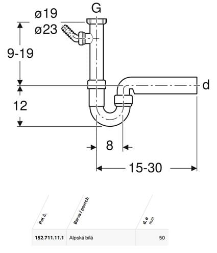 GEBERIT dřezový sifon DN50, s přípojkou a převlečnou maticí 6/4 152.711.11.1 Technický nákres