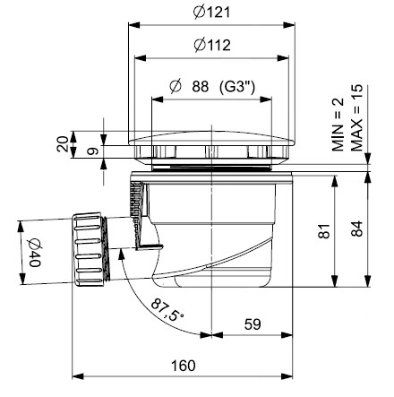 EASY vaničkový sifon pr. 90 mm, chrom EASTW001 Technický nákres