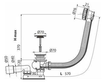 ALCA vanový sifon 57 cm, bovden, chrom A55KM Technický nákres
