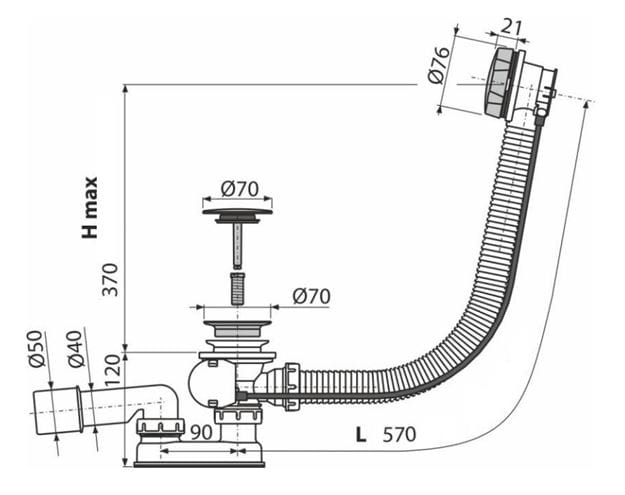 ALCA vanový sifon 57 cm, bovden, chrom A55KM Technický nákres