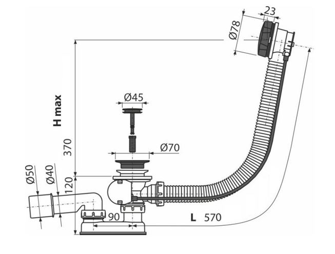 ALCA vanový sifon 57 cm, bovden, bronz antic A55ANTIC Technický nákres