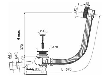 ALCA vanový sifon 57 cm, bovden, bronz antic A55ANTIC Technický nákres