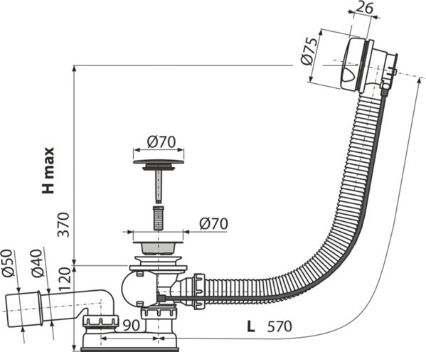 ALCA vanový sifon 57 cm, bovden, bílá A51BM Technický nákres