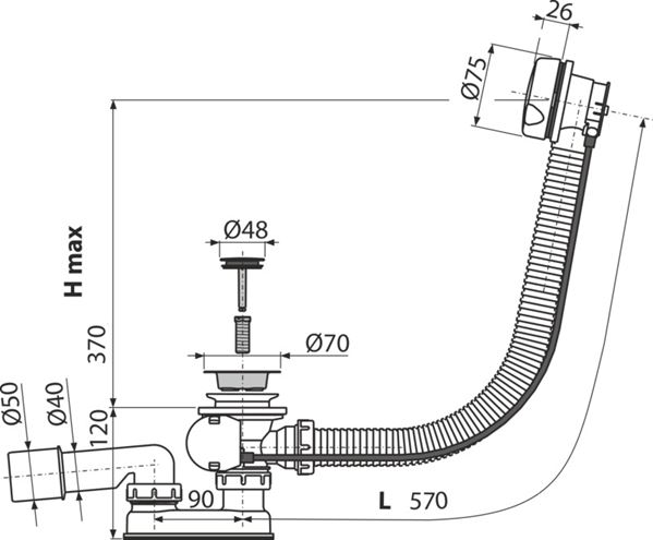 ALCA vanový sifon 57 cm, bovden, lesklá bílá A51B Technický nákres