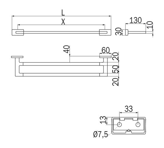 INDA LEA držák ručníku 660 mm, dvojramenný, chrom A1819CCR Technický nákres