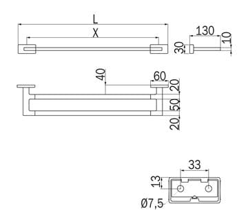 INDA LEA držák ručníku 660 mm, dvojramenný, chrom A1819CCR Technický nákres