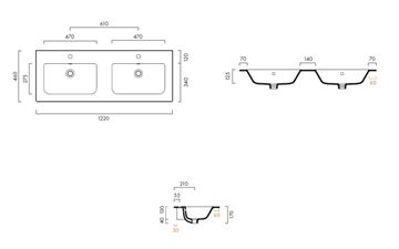 CATALANO PROGETTO dvojumyvadlo 122 cm, se 2 otvory pro baterii a přepadem, Cataglaze+Silver Titanium 122P46DNLFC Technický nákres