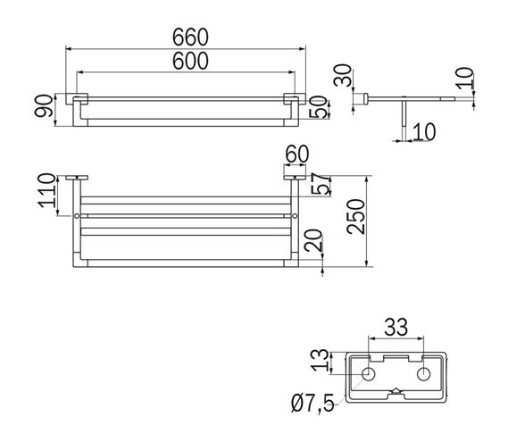 INDA LEA 1800 držák ručníků 660 mm, chrom A18680CR Technický nákres