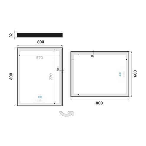 NIMCO ZP 13000 zrcadlo 60x80 cm, reverzibilní, s osvětlením, s regulací stmívání a teploty světla, se dvěma senzory ZPC 13002VX-90 Technický nákres