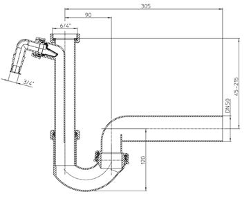 HL 100/50dřezový sifon DN50, s přípojkou a převlečnou maticí 6/4 HL100/50 Technický nákres