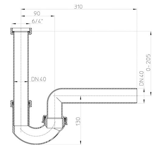 HL-100G/40 dřezový sifon DN40, s převlečnou maticí 6/4 HL100G/40 Technický nákres