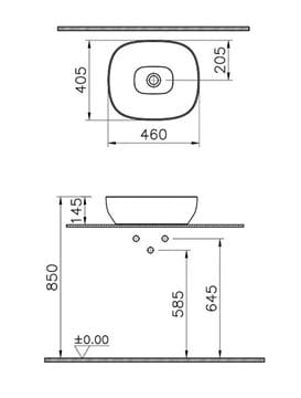 VITRA OUTLINE umyvadlová mísa 46 cm, bez přepadu, VitrAhygiene, matt taupe 5994B420-0016 Technický nákres