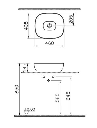 VITRA OUTLINE umyvadlová mísa 46 cm, bez přepadu, VitrAhygiene, matt taupe 5994B420-0016 Technický nákres