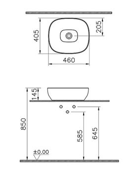 VITRA OUTLINE umyvadlová mísa 46 cm, bez přepadu, VitrAhygiene, matt stone grey 5994B476-0016 Technický nákres