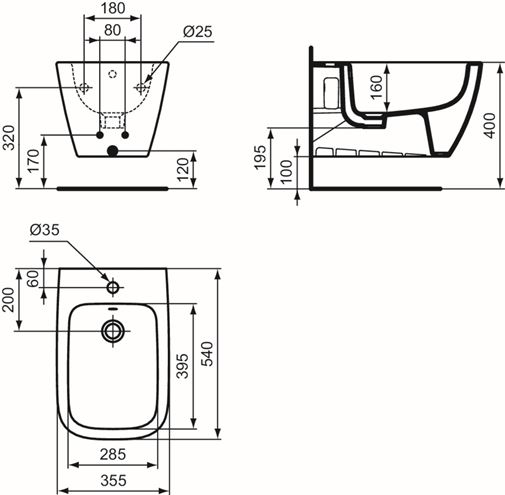 IDEAL STANDARD I.LIFE B závěsný bidet, lesklá šedá T461558 Technický nákres