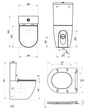RAVAK OPTIMA WC kombi, se SoftClose sedátkem, RimOff splachování, vario odpad, boční napouštění X01870 Technický nákres