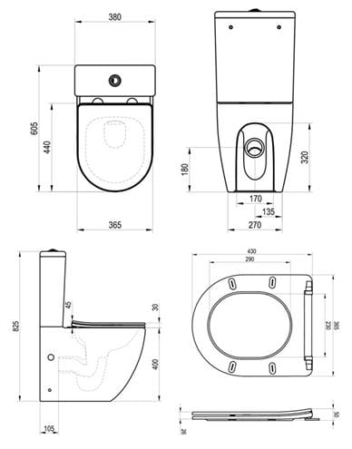 RAVAK OPTIMA WC kombi, se SoftClose sedátkem, RimOff splachování, vario odpad, boční napouštění X01870 Technický nákres