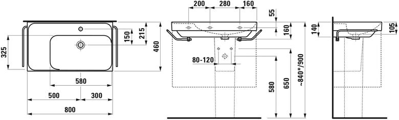 LAUFEN MEDA umyvadlo 80 cm, s otvorem pro baterii a přepadem, matný grafit H8171157581041 Technický nákres
