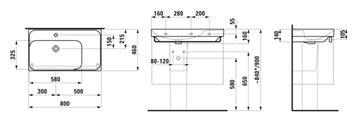 LAUFEN MEDA umyvadlo 80 cm, s otvorem pro baterii a přepadem, matný grafit H8171167581041 Technický nákres