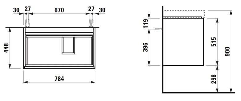 LAUFEN MEDA skříňka pod umyvadlo 78,4x45x51,5 cm, 2 zásuvky, s organizérem, matná bílá H4215920112601 Technický nákres