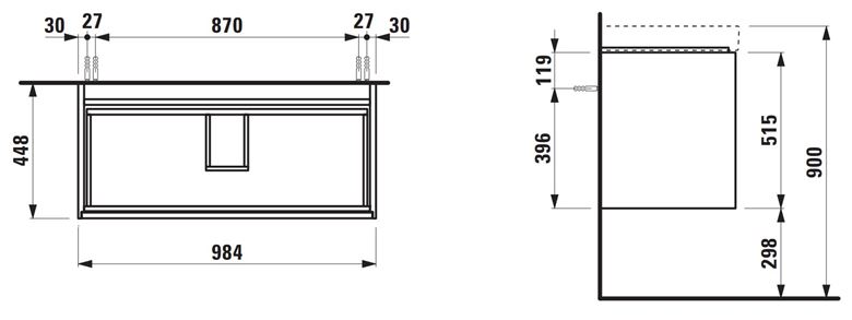 LAUFEN MEDA skříňka pod umyvadlo 98,4x45x51,5 cm, 2 zásuvky, s organizérem, matná bílá H4216220112601 Technický nákres
