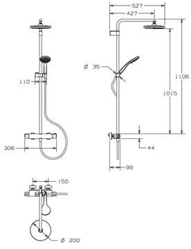 CONCEPT 100 sprchový set s termostatickou baterií, horní sprcha, ruční sprcha se 3 proudy, tyč, hadice, chrom PM10109/CO Technický nákres