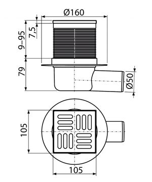 CONCEPT podlahová vpust 50 mm, boční odtok, nerez PT100PV1 Technický nákres