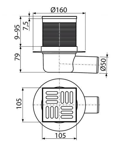 CONCEPT podlahová vpust 50 mm, boční odtok, nerez PT100PV1 Technický nákres