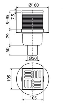CONCEPT podlahová vpust 50 mm, svislý odtok, nerez PT100PV2 Technický nákres
