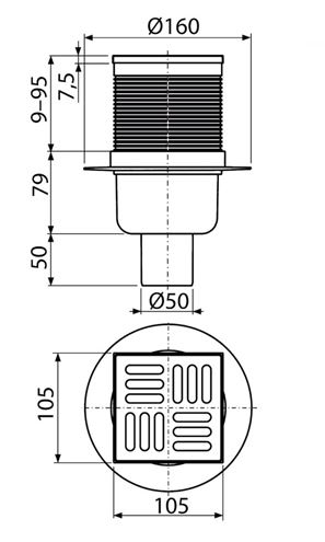 CONCEPT podlahová vpust 50 mm, svislý odtok, nerez PT100PV2 Technický nákres