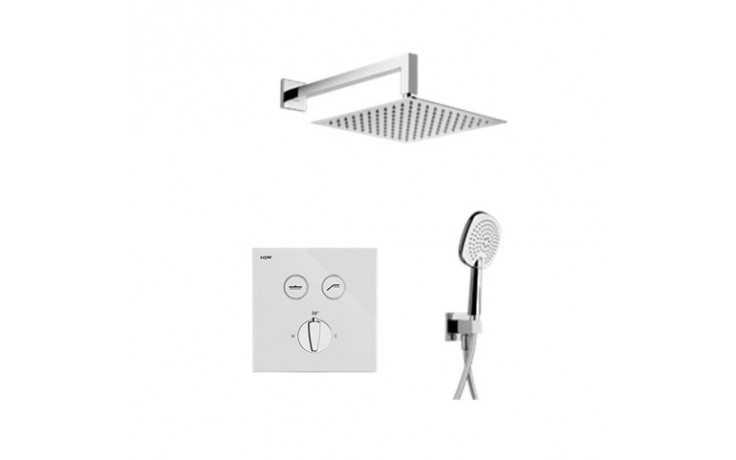 NDW KIT SWISSBOX sprchový set s termostatickou podomítkovou baterií, hlavová sprcha, ruční sprcha se 3 proudy, hadice, držák, chrom/bílé sklo